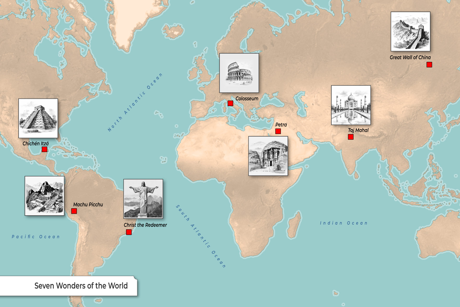 Map of the New Seven Wonders of the World, provided by TheCollector.com
